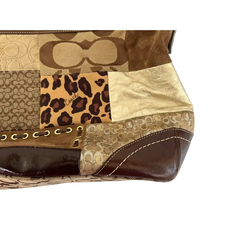 Vintage Coach F0893-F12842 Patchwork Jacquard Leopard Brown Leather Bag Y2K Boho - Picture 9 of 16